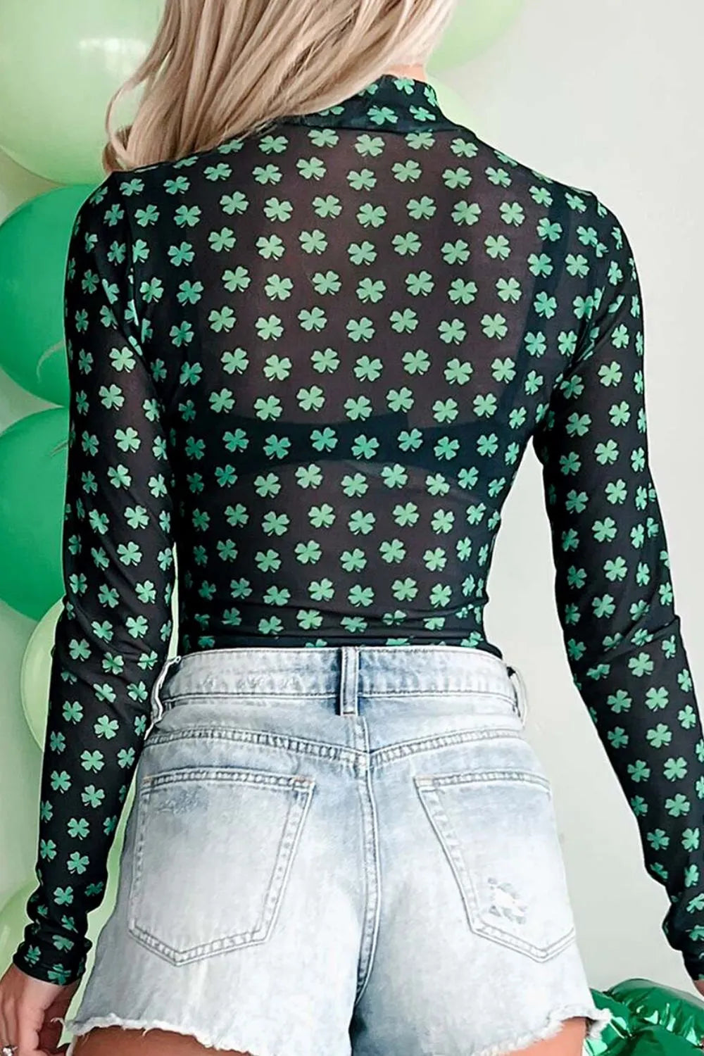 Trendsi Lucky Clover Mock Neck Long Sleeve Bodysuit