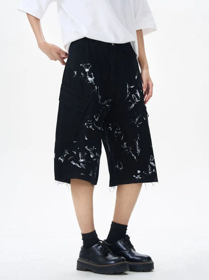 Men's Paint Splattered Cargo Bermuda Shorts with Distressed Edge Detail Easy Apparels