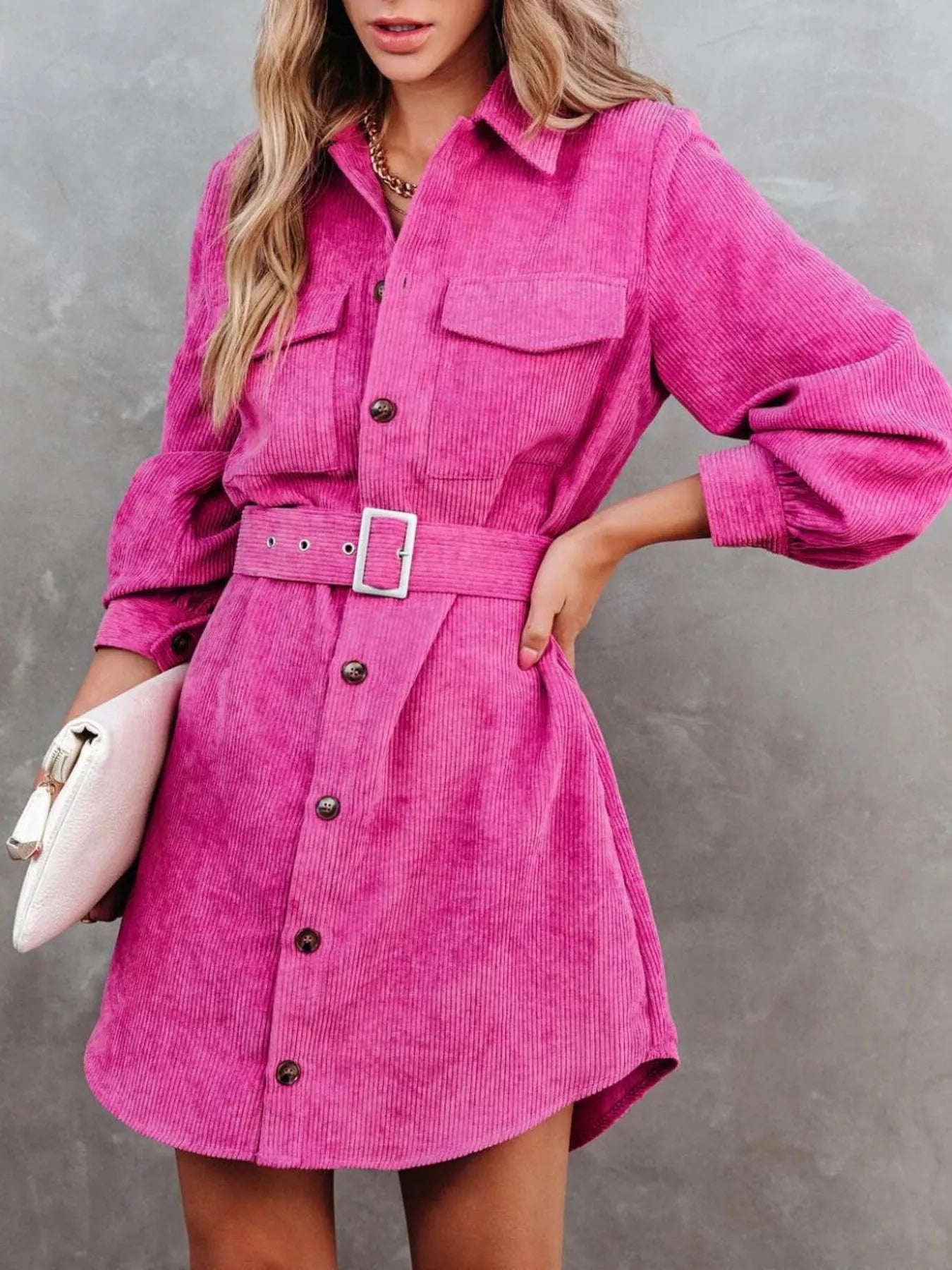 Button Front Belt Long Sleeve Corduroy Dress Easy Apparels