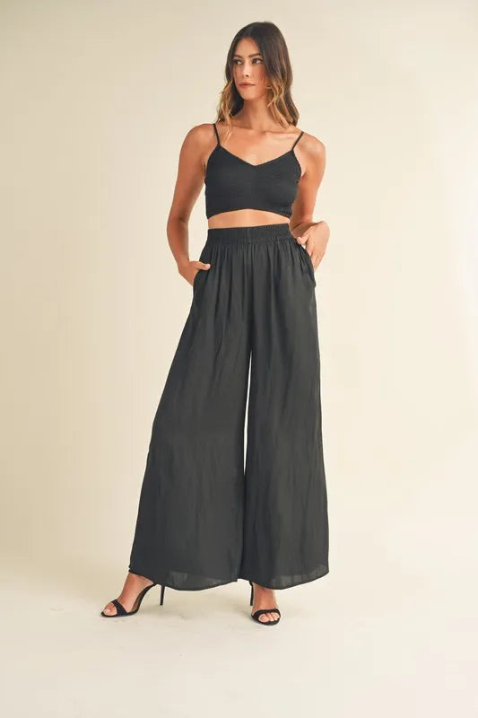 MABLE Smocked Bralette Crop Top and Wide Leg Pants Set Black Easy Apparels