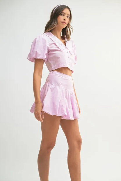 MABLE Puff Sleeve Button Down Top and Bubble Skirt Set Easy Apparels
