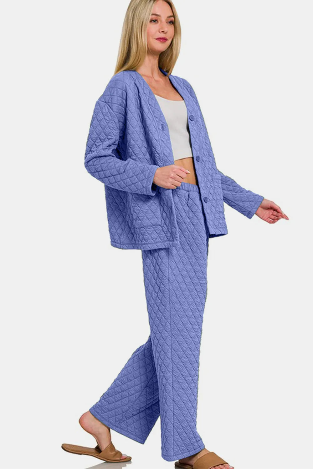 Zenana Quilted Button Up Long Sleeve Top and Pants Lounge Set Easy Apparels