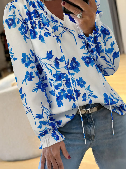 Trendsi Floral Long Sleeve Tie Neck Blouse Sky Blue
