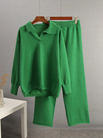 Johnny Collar Long Sleeve Top and Pants Sweater Set Easy Apparels