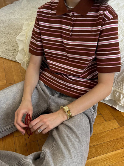 Trendsi Striped Polo T-Shirt with Contrast Collar Coffee Color