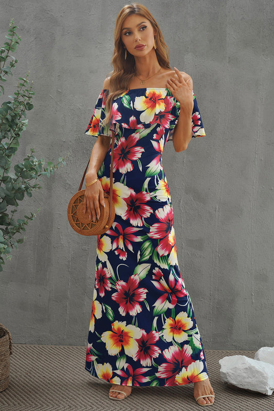 Floral Layered Off-Shoulder Maxi Dress Dark Blue Easy Apparels