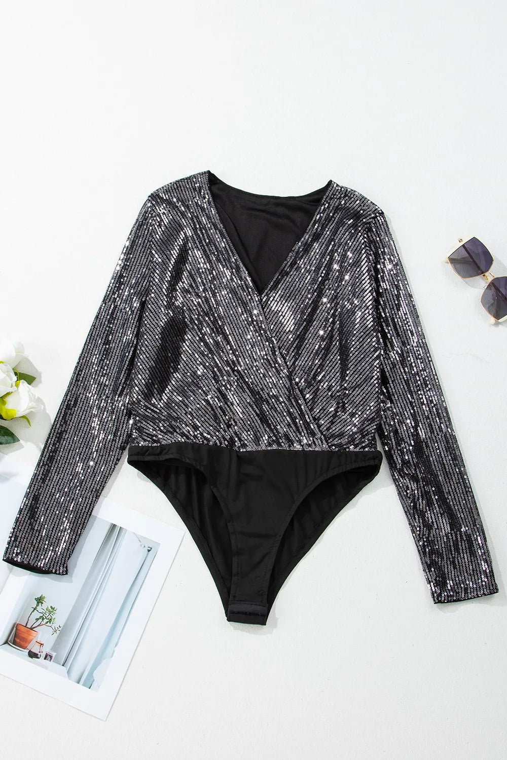 Trendsi Sequin Surplice Long Sleeve Bodysuit