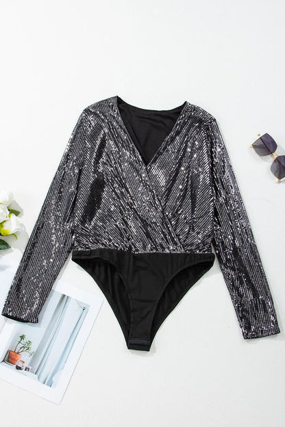 Trendsi Sequin Surplice Long Sleeve Bodysuit