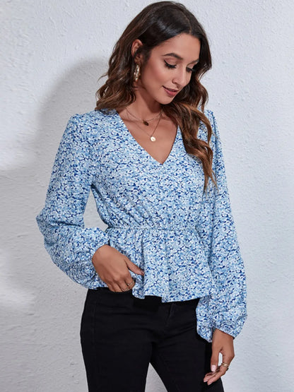Trendsi Floral V-Neck Balloon Sleeve Peplum Blouse