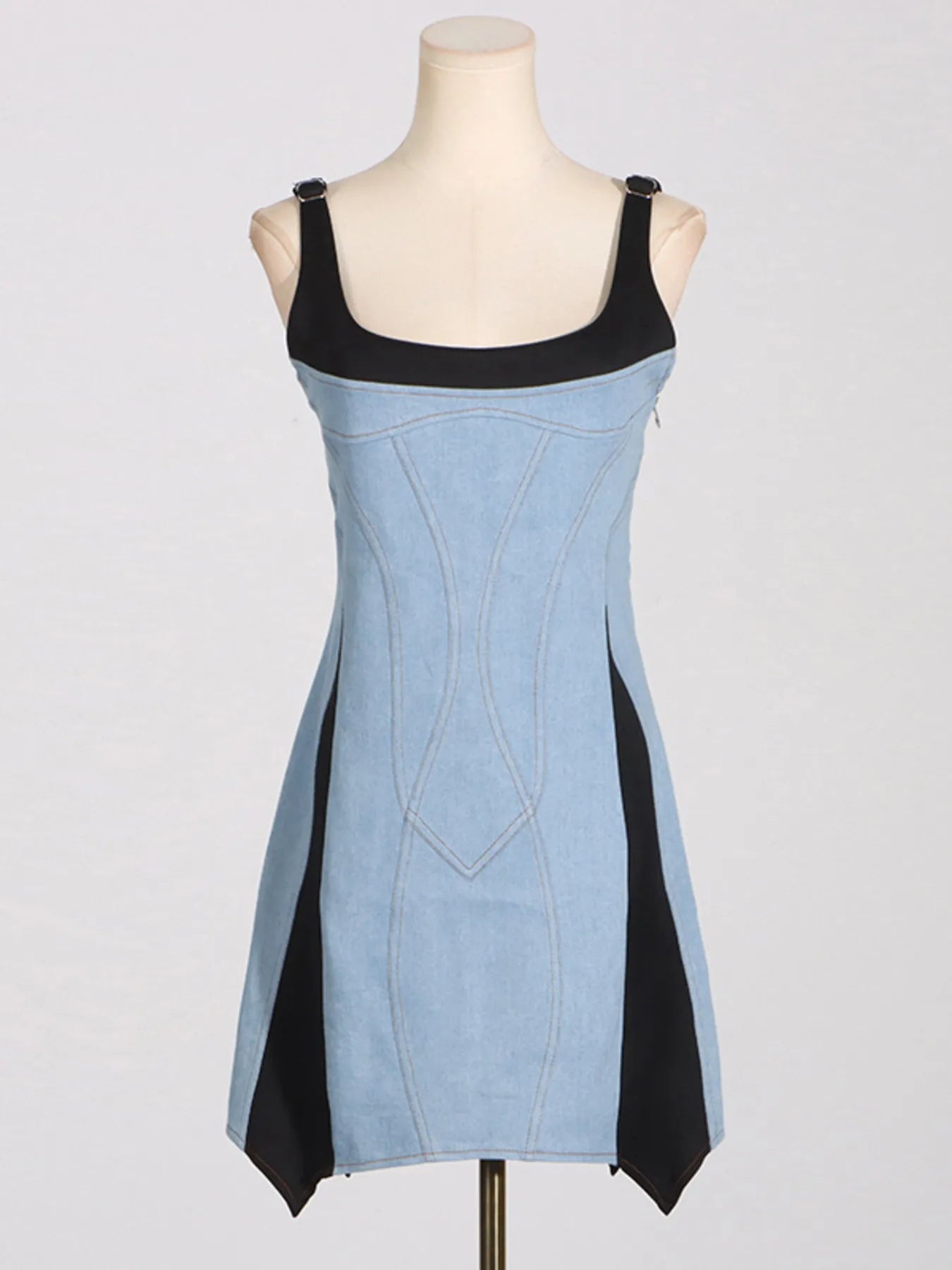 Contrast Adjustable Strap Denim Dress Easy Apparels