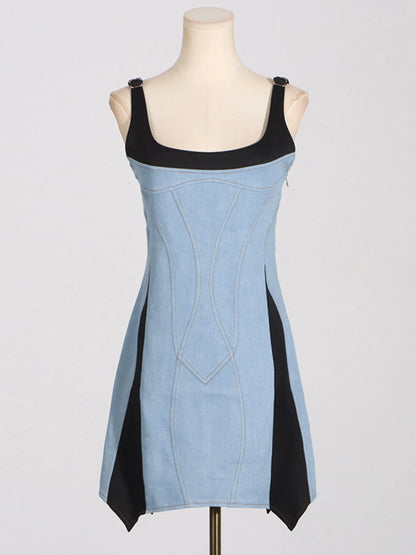 Contrast Adjustable Strap Denim Dress Easy Apparels