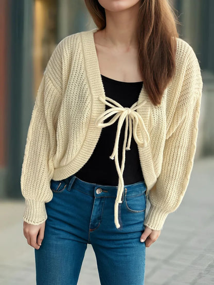Tied Dropped Shoulder Long Sleeve Cardigan Tan One Size Easy Apparels