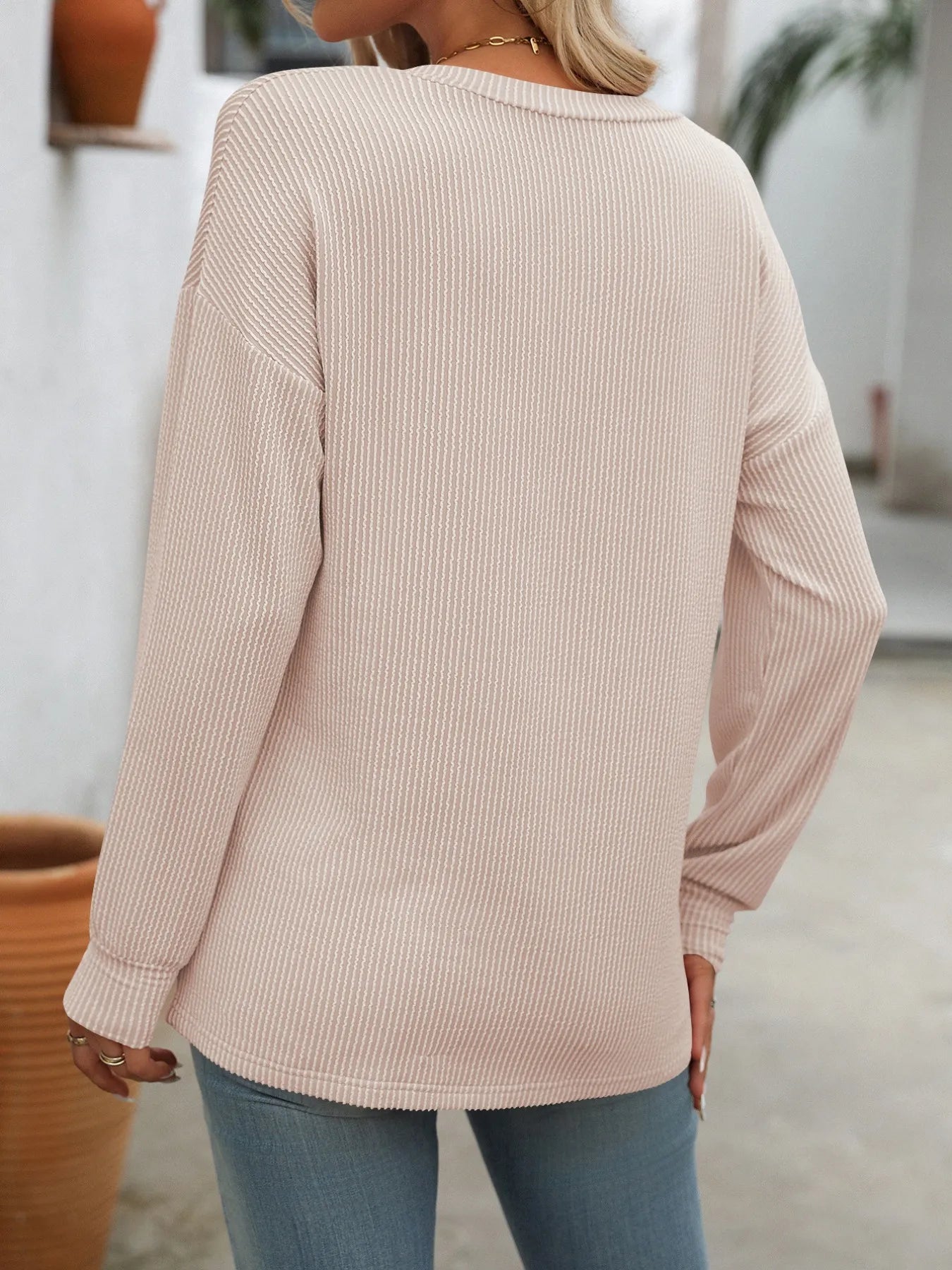 Trendsi Ribbed V-Neck Long Sleeve T-Shirt