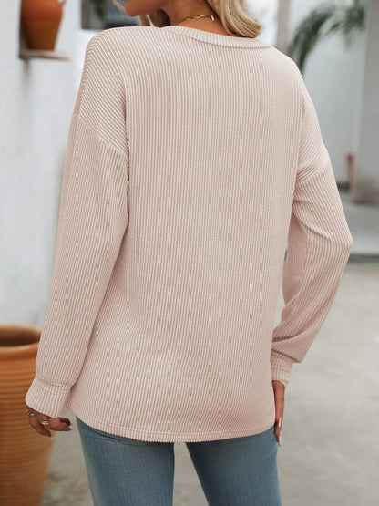 Trendsi Ribbed V-Neck Long Sleeve T-Shirt