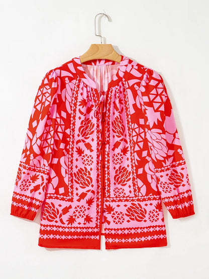 Trendsi Floral Print Tie-Neck Button Down Shirt