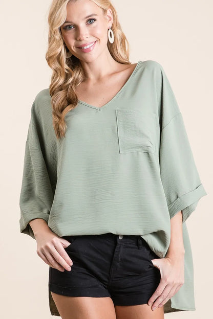 Trendsi BiBi Flowy Woven V-Neck Top with Rolled Up Cuffs