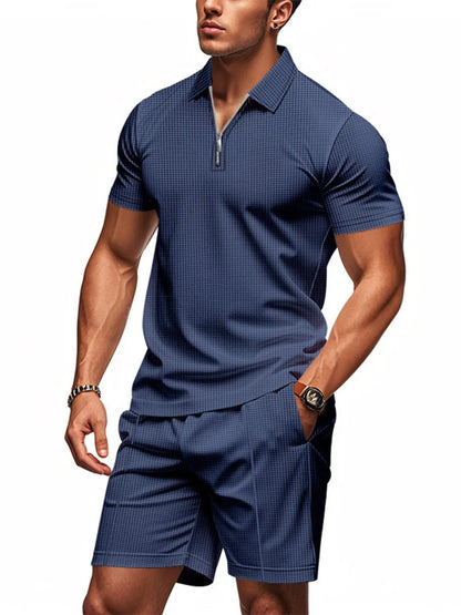 Men's Plus Size Quarter Zip Short Sleeve Top and Shorts Set Navy Blue Easy Apparels
