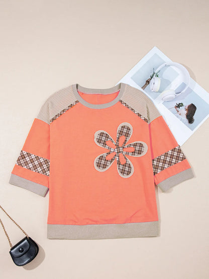 Trendsi Plaid Waffle Flower Patchwork Contrast Top