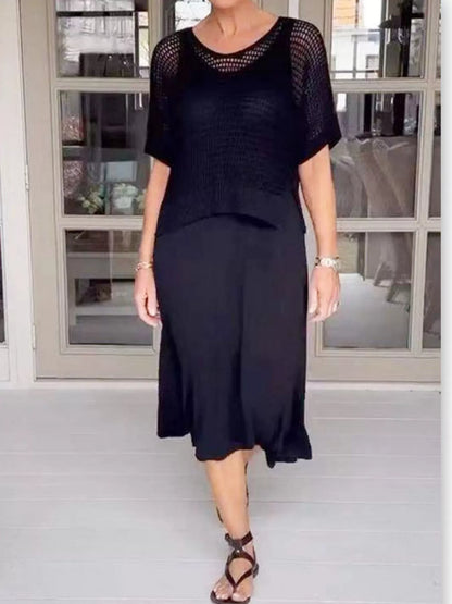 Full Size Openwork Knit Cover Up and Dress Set Plus Size Black Easy Apparels