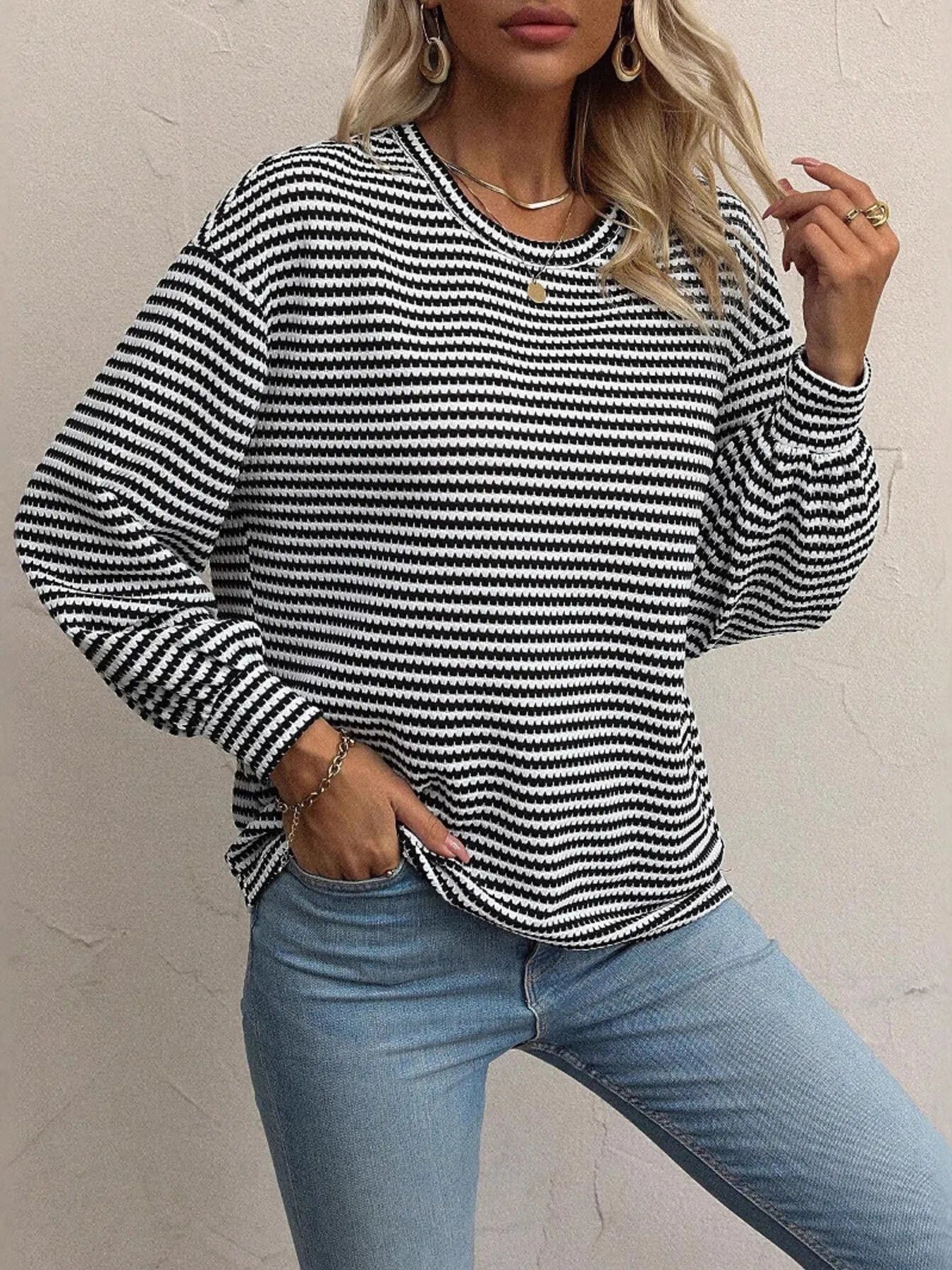Trendsi Striped Round Neck Lantern Sleeve Top