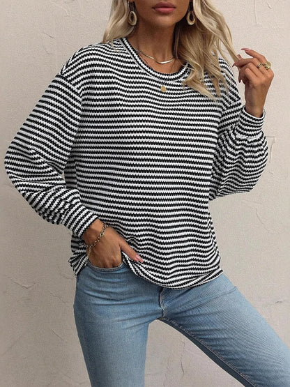 Trendsi Striped Round Neck Lantern Sleeve Top