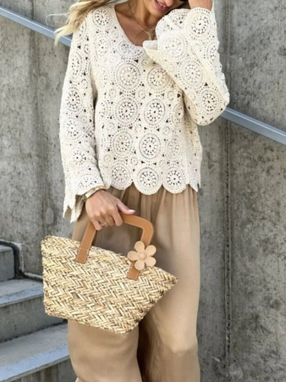 Trendsi Crochet Lace V-Neck Bell Sleeve Knit Top