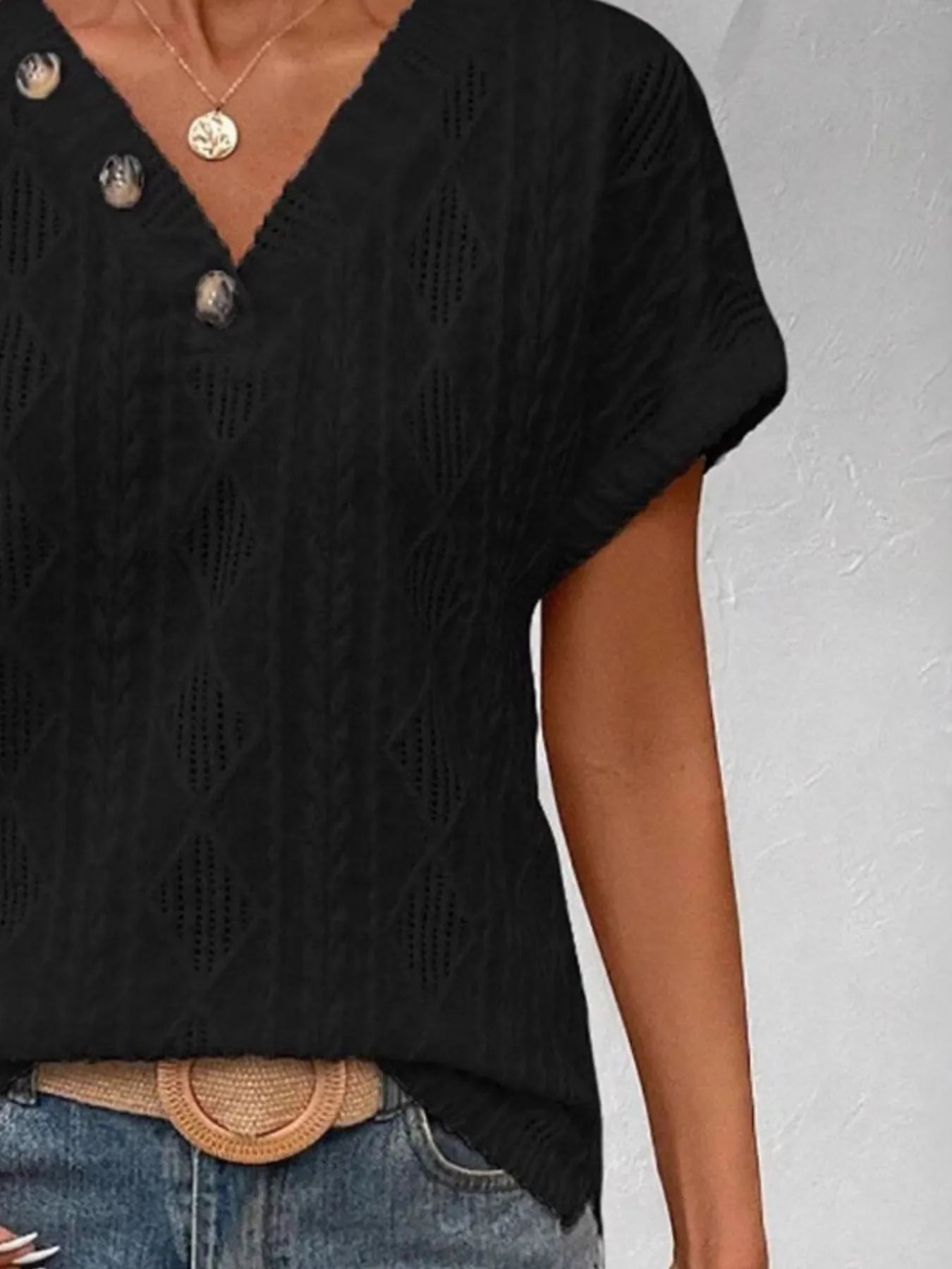 Trendsi Textured V-Neck Short Sleeve Top