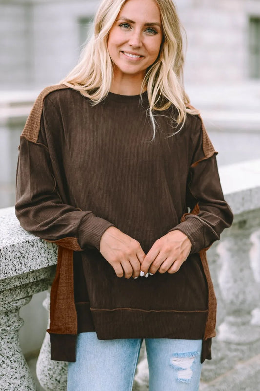 Trendsi Ribbed Exposed Seam Dropped Shoulder Blouse
