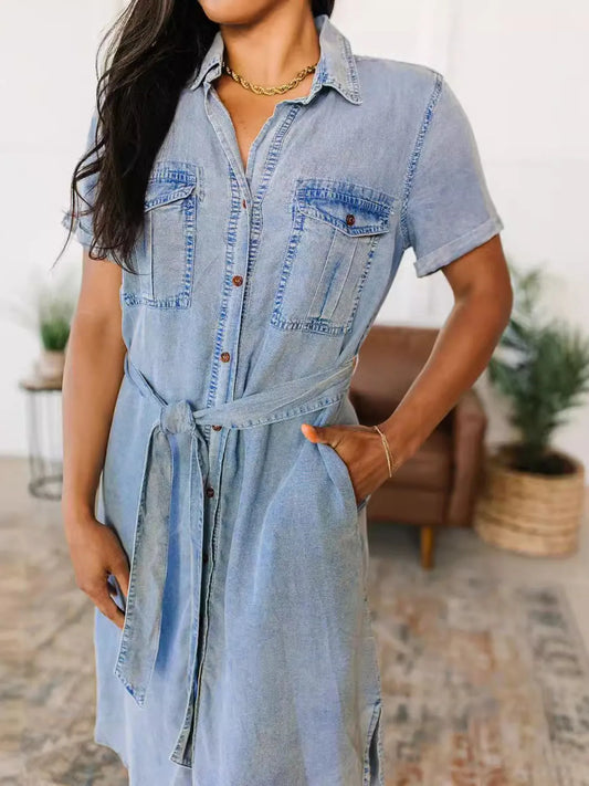 Button Front Short Sleeve Denim Dress Light Blue Easy Apparels