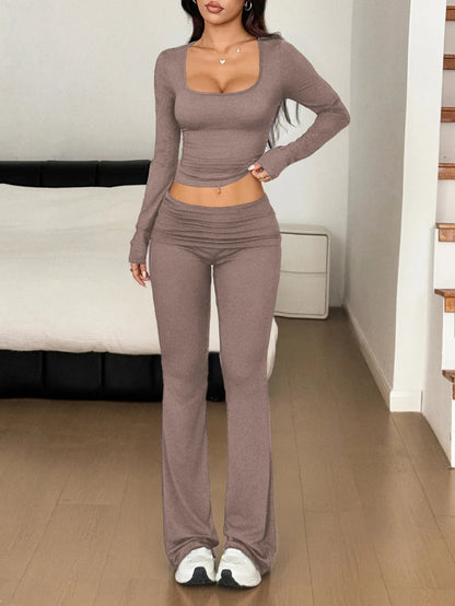 Long Sleeve Crop Top and Bootcut Pants Set Easy Apparels