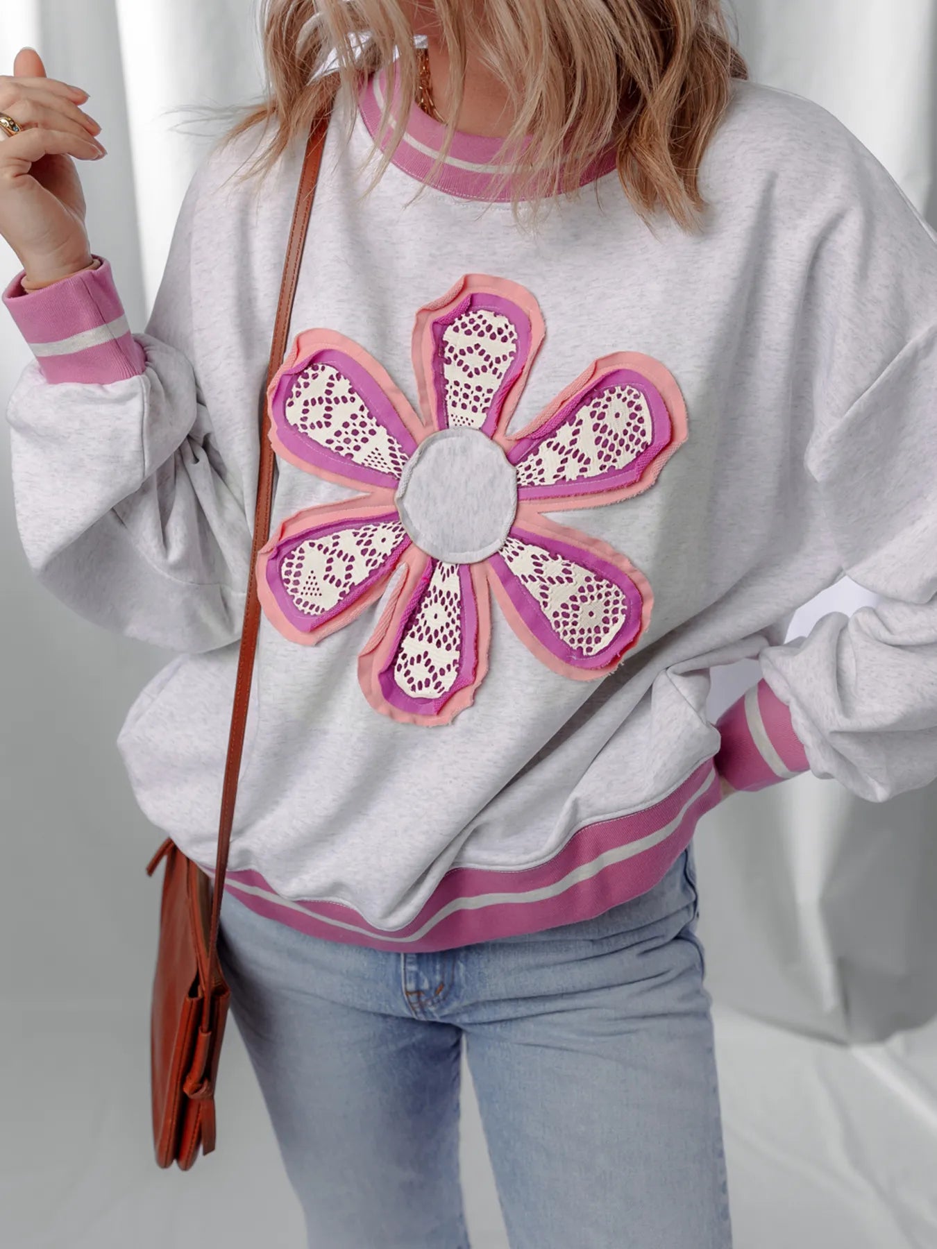 Trendsi Flower Patch Contrast Trim Crew Neck Sweatshirt