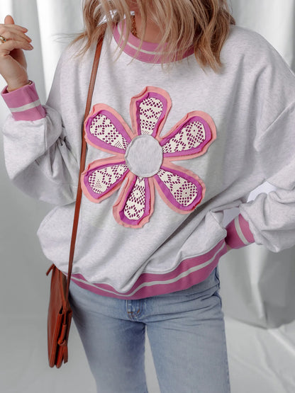 Trendsi Flower Patch Contrast Trim Crew Neck Sweatshirt