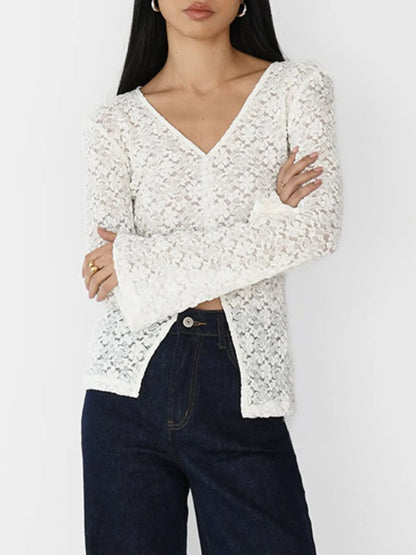 Trendsi Lace V-Neck Flare Sleeve T-Shirt Ivory