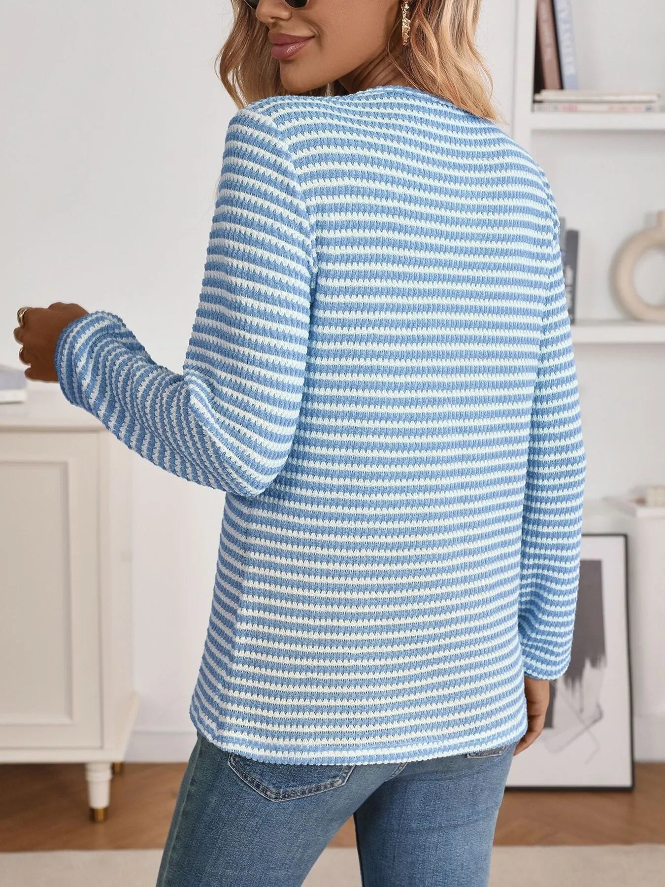 Trendsi Striped Button Detail Long Sleeve Top