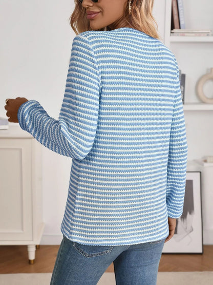 Trendsi Striped Button Detail Long Sleeve Top