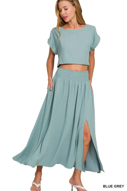 Zenana Heavy Woven Span Crop Tee & Skirt Set BLUE GREY Easy Apparels
