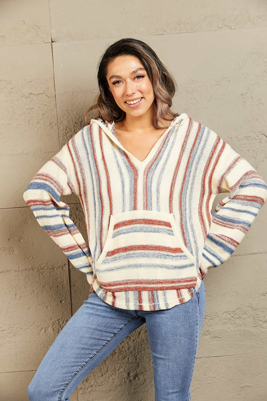 Striped Hooded Sweater with Kangaroo Pocket Easy Apparels