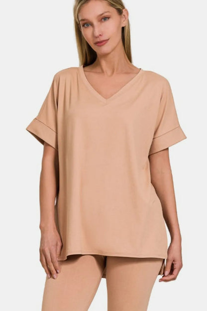 Zenana Full Size V-Neck Rolled Short Sleeve T-Shirt and Leggings Lounge Set Easy Apparels