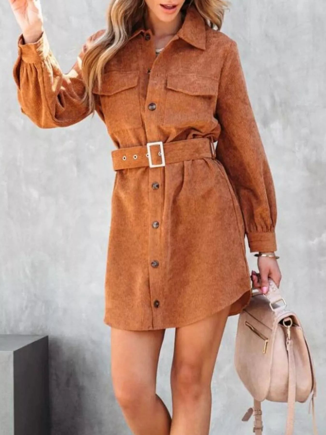 Button Front Belt Long Sleeve Corduroy Dress Easy Apparels