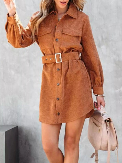 Button Front Belt Long Sleeve Corduroy Dress Easy Apparels