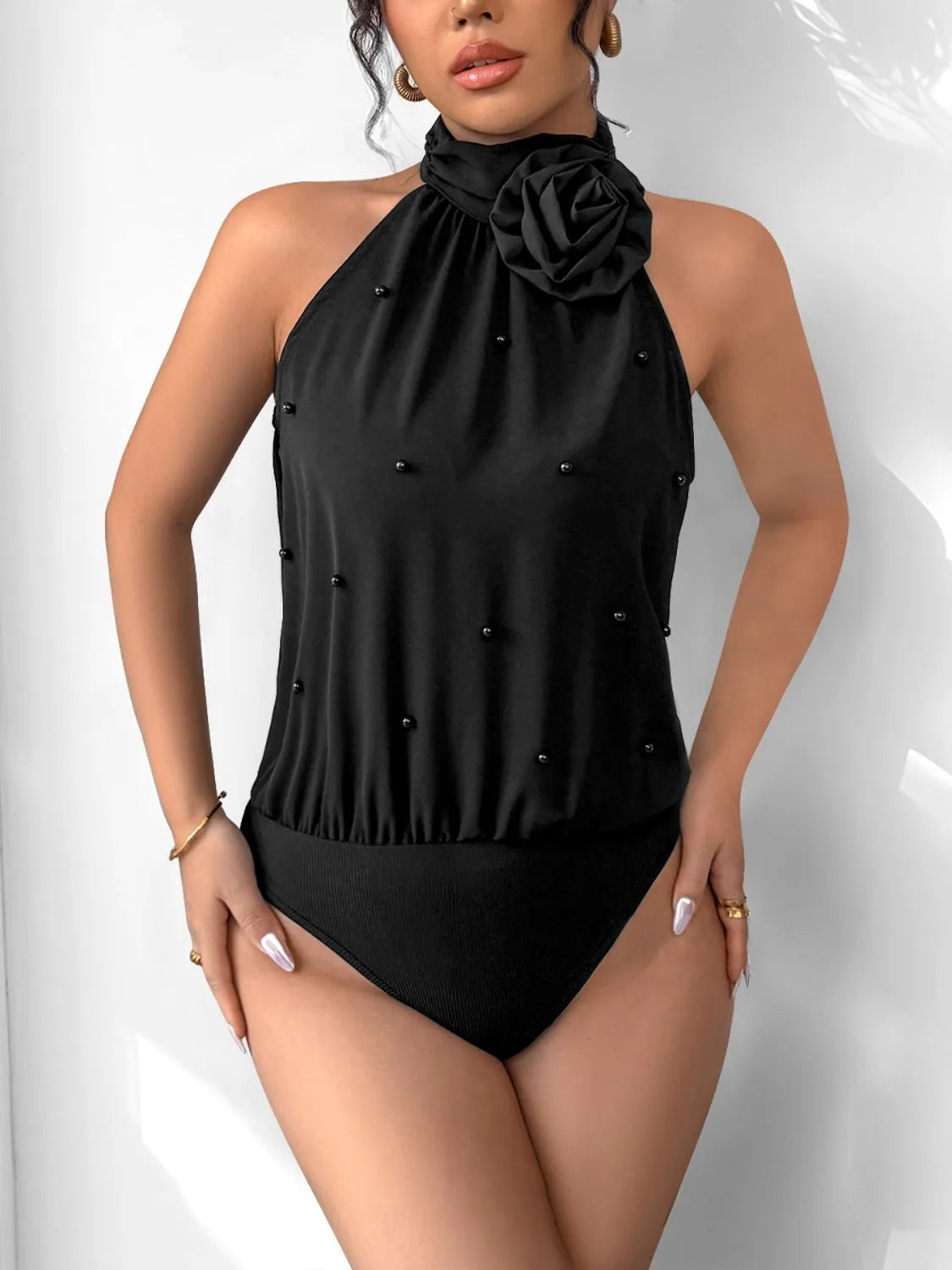 Trendsi 3D Flower Grecian Neck Bodysuit