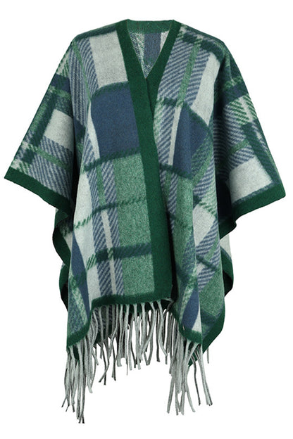 Cloak Sleeve Fringe Detail Poncho Green One Size Easy Apparels