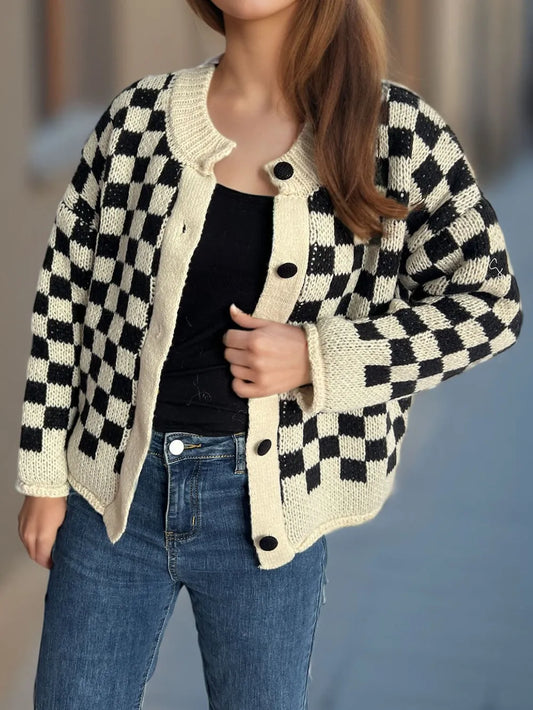Checkered Button Up Round Neck Cardigan Black One Size Easy Apparels