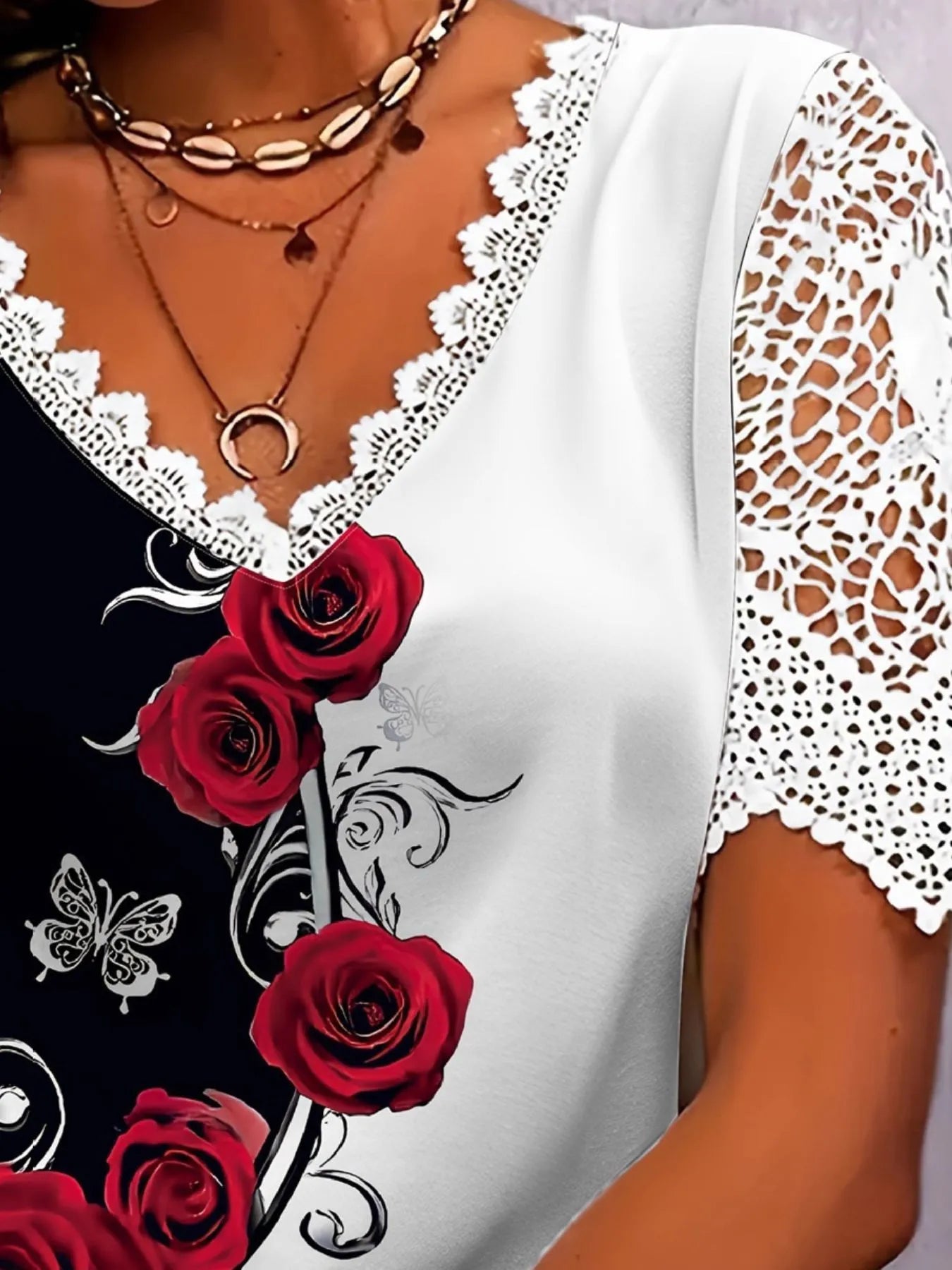 Trendsi Full Size Printed Lace Sleeve V-Neck T-Shirt Plus Size
