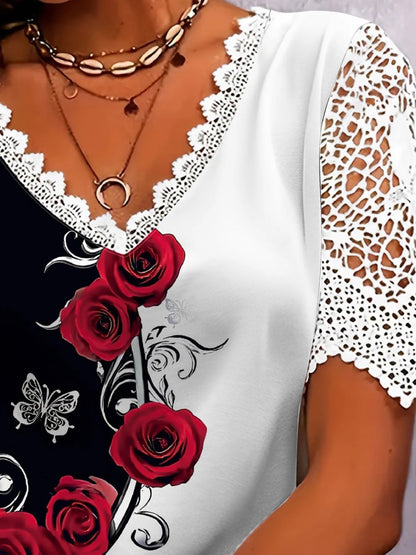 Trendsi Full Size Printed Lace Sleeve V-Neck T-Shirt Plus Size