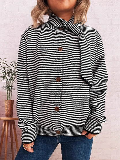 Striped Button Up Long Sleeve Cardigan Easy Apparels