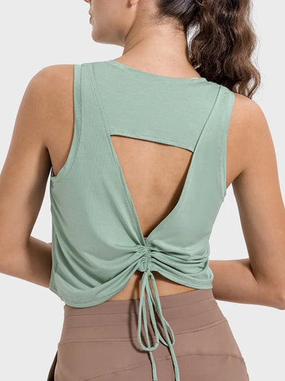 Millennia Drawstring Cutout Round Neck Active Tank Gum Leaf Easy Apparels