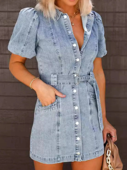 Button-Up Puff Sleeve Denim Shirt Dress Denim Blue Easy Apparels