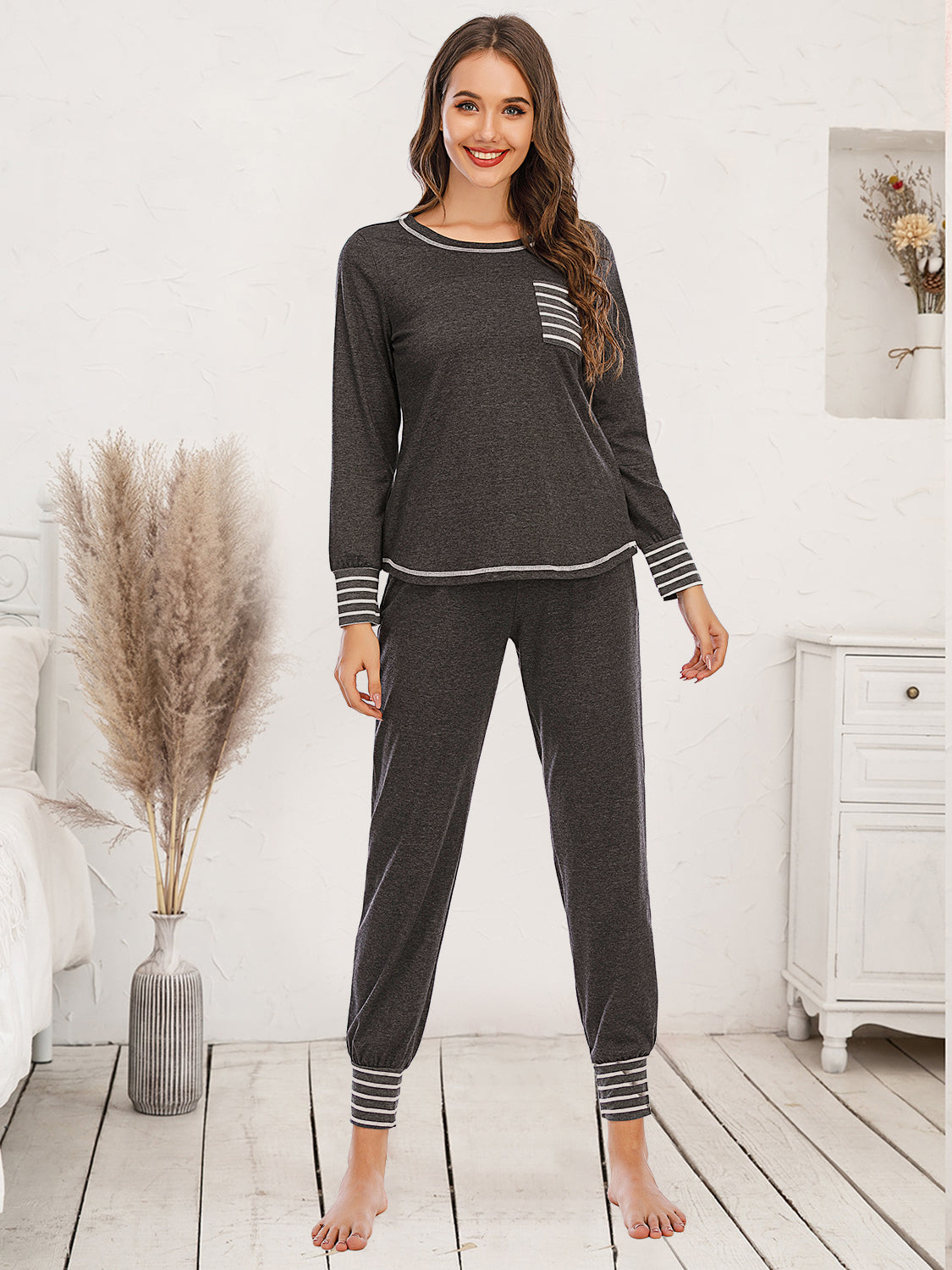 Round Neck Top and Pants Lounge Set Charcoal Easy Apparels