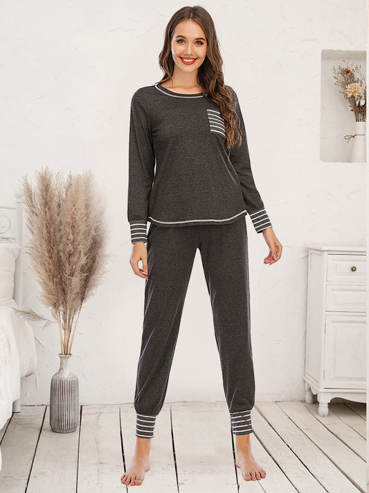 Round Neck Top and Pants Lounge Set Charcoal Easy Apparels